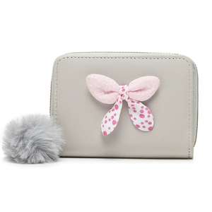 Mini light grey bow wallet with pink polka dots and soft pompom charm on white background