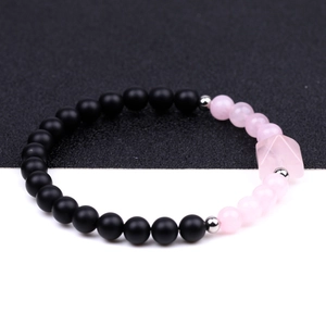 Bracciale di perline in quarzo rosa e occhio di tigre 6mm con pietre di agata nera opaca