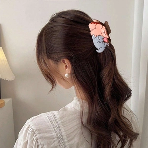Cute cartoon cat hair claw clip for women in pink and grey layered acetate material