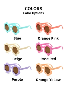 Vue à plat de lunettes de soleil fleurs pour enfants en six couleurs vives sur blanc