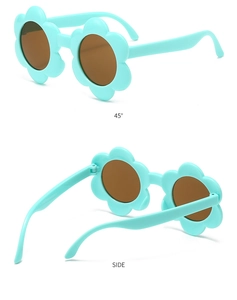 Détail des lunettes de soleil fleurs pour enfants avec verres ronds et vue à 45 degrés