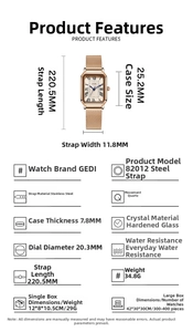 Detailed spec sheet showing rectangular dial quartz watch dimensions and technical features