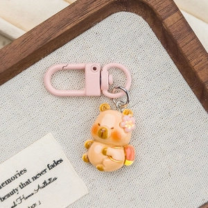 Cute brown bear keychain with pink flower and matte lobster clasp for girls' gifts