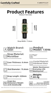 Detailed technical specifications for the rectangular quartz watch with leather strap