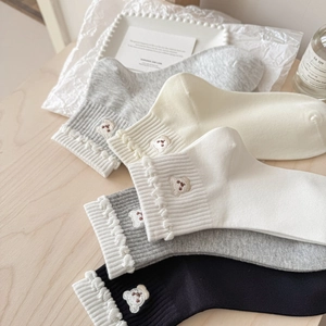 Cute cotton socks with bear embroidery and ruffle cuffs in five various colors