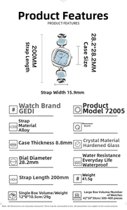 Detailed specs of the blue square dial watch with silver alloy linked bracelet