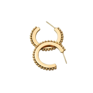 Elegant gold-tone C-shape stud earrings with decorative beaded edge in titanium steel