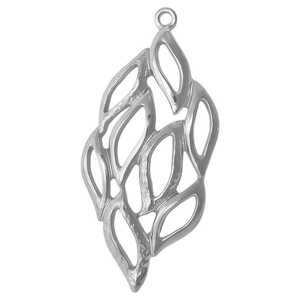 Polished silver stainless steel layered hollow leaf pendant with integrated hanging ring