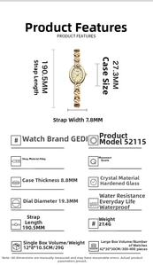 Spécifications de taille pour montre GEDI vintage à quartz avec bracelet en alliage doré