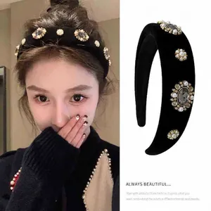Schwarzes Samt Gepolstertes Stirnband Mit Strass Und Künstliche Perlen Retro Luxus Haarschmuck Für Damen