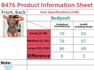 Guide des tailles pour body en dentelle avec mesures détaillées du S au 3XL