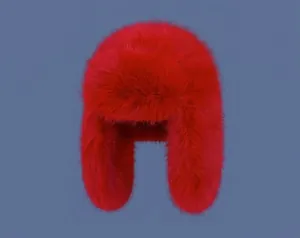 Close-up of fluffy red faux fur trapper hat with protective ear flaps for extreme cold