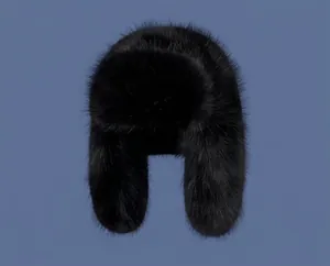 Close-up of thick black faux fur aviator hat showing plush texture and ear flaps