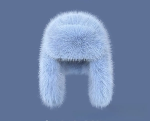 Macro detail of soft light blue faux mink fur texture on a thick winter aviator hat