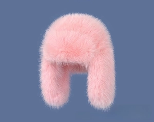 Detail of pink faux fur trapper hat featuring thick fleece lining and warm ear flaps