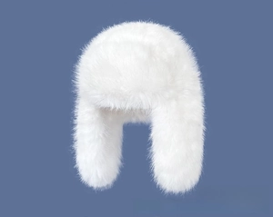 Close-up of plush white faux fur trapper hat with soft texture and ear protection