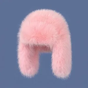 Pink faux fur trapper hat for women with ear flaps and thickened thermal lining for winter