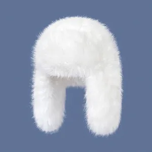White faux fur Russian Ushanka hat for women with thick plush thermal ear protection