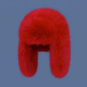 Winter red faux fur trapper hat with ear flaps for warmth and cold protection