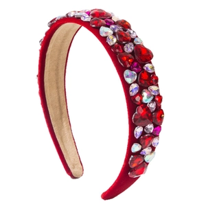 Red velvet wide headband with heart-shaped rhinestones for Valentine's day