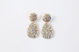 Close-up of iridescent AB crystal drop earrings with teardrop gems and gold alloy finish