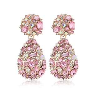 Bohemian rose gold earrings with pink teardrop crystals and AB rhinestones