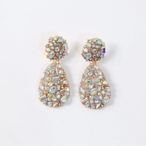 Exaggerated vintage teardrop earrings with golden metal and colorful AB crystals