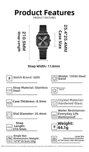 Detailed spec sheet showing case dimensions and features of this square black quartz watch