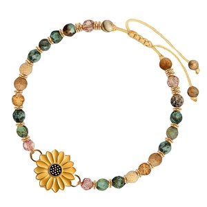 Handmade natural stone beaded bracelet featuring a sunflower charm and gold spacers