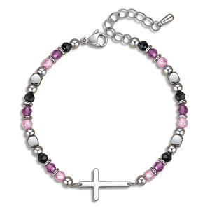 Detailed view of a 4mm beaded bracelet with natural stones and a silver cross pendant.