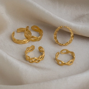 Adjustable 18K Gold Plated Stainless Steel Ring For Women Waterproof Hypoallergenic Twisted Hollow Jewelry Accessory