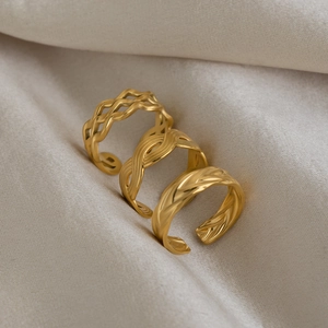 Three-piece stackable 18K gold-plated stainless steel open rings with twisted textures