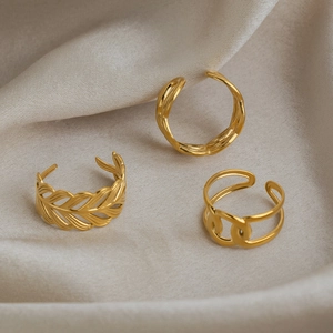 Three-piece 18K gold plated stainless steel open ring set with leaf and twisted chain designs