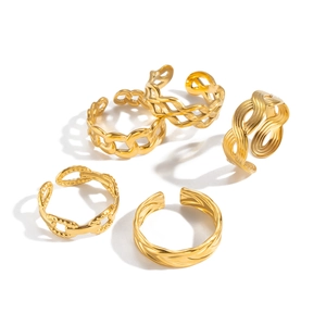 Five-piece set of gold-plated stainless steel open rings with braided and twisted textures