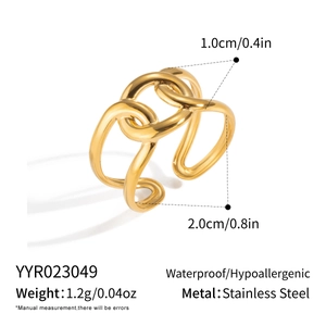Detailed view of gold-tone double layer twisted ring with size and material specs