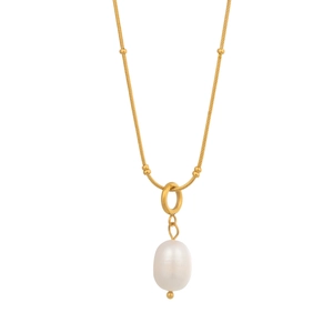 Minimalist gold-plated stainless steel chain necklace with natural white pearl pendant