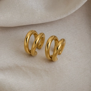 Classic double-layer round stainless steel ear cuff earrings in polished gold finish