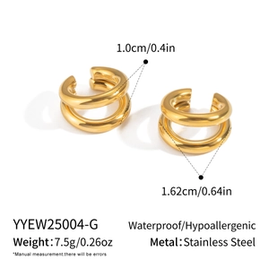 Detail of gold double-layer stainless steel ear cuffs with sizing and weight specs