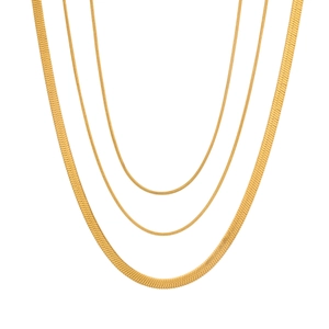 Three-layer golden herringbone snake chain necklaces in minimalist polished stainless steel