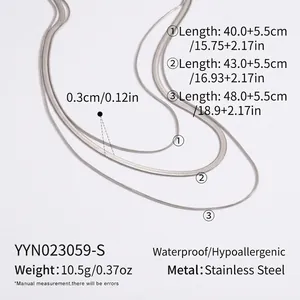 Size chart showing layered stainless steel snake chain lengths and widths in detail
