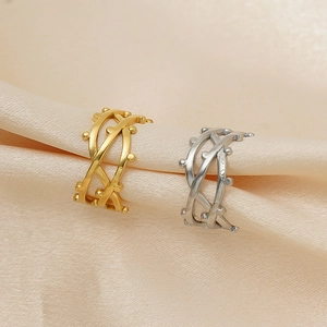 Interwoven Layered Open Ring Stainless Steel 18K Gold Plated Studded Beads Geometric Adjustable Jewelry For Women