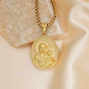 Vintage 18k gold plated stainless steel necklace with 3D embossed religious pendant