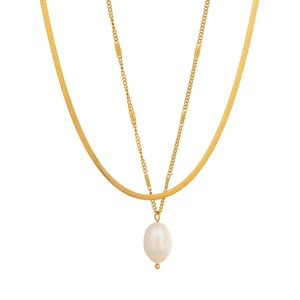 Double-layered gold stainless steel necklace with flat herringbone chain and pearl pendant