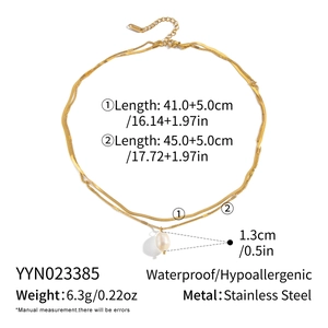 Double-layer stainless steel necklace details with natural freshwater pearl and snake chain