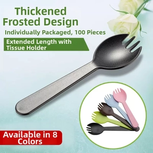Thickened matte disposable 2-in-1 spork with tissue in single individual packaging