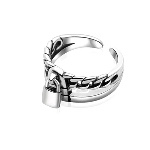 Retro S925 silver chain ring with lock pendant and adjustable open band for women