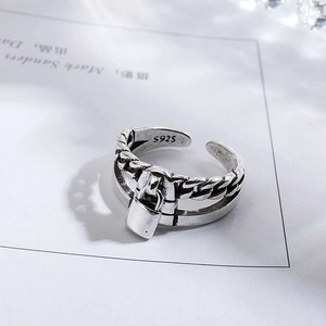 S925 silver plated chain ring with a vintage padlock pendant in minimalist style