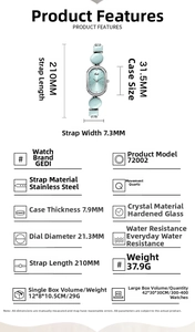 Detailed specifications of the GEDI women's quartz watch with blue dial and dimensions