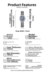 Detailed specifications diagram of GEDI square dial watch showing 18mm case and dimensions