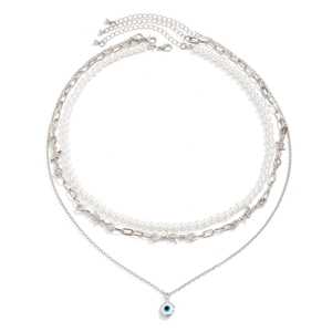 Three-layer silver necklace set with pearls, barbed wire chain and evil eye pendant